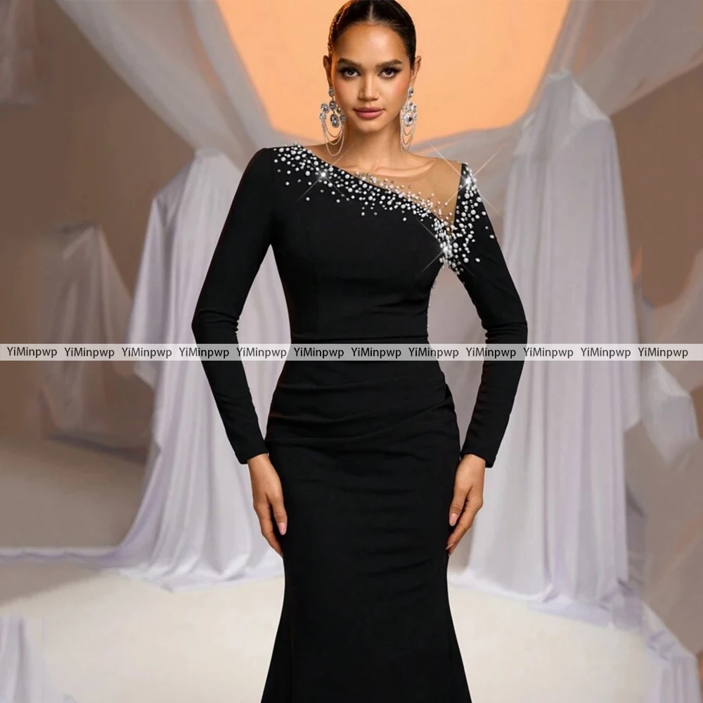 Kryształowa Sukienka na Bal Maturalny Syrenka Dekolt Okrągły Długi Rękaw Bez Pleców Satynowa Suknia Wieczorowa z Koralikami Sukienki na Formalne Okazje Szyte na Miarę