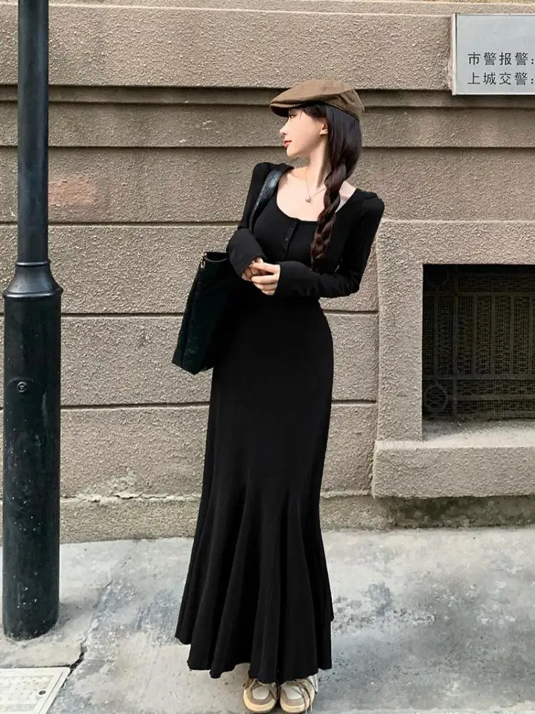 

French Fashion Autumn Winter Black Elegant Button Long Sleeves Pleated Knitted Dresses Women Brown Round Neck Party Dress Simple