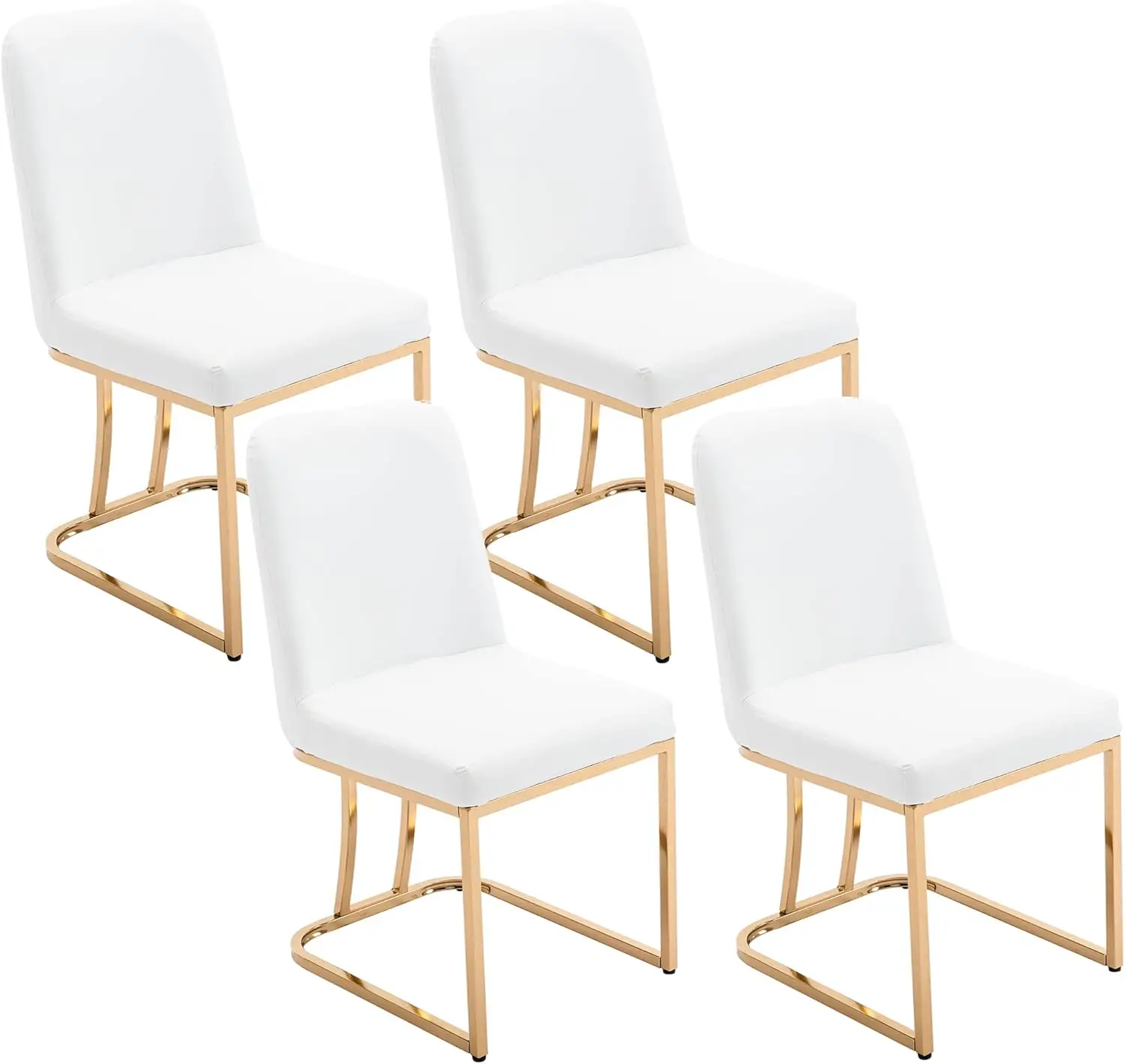 Faux Leather Upholstered Dining Chairs with Back, Mid Century Modern Chairs with Gold Metal Frame for Dining Room Set of 4 White