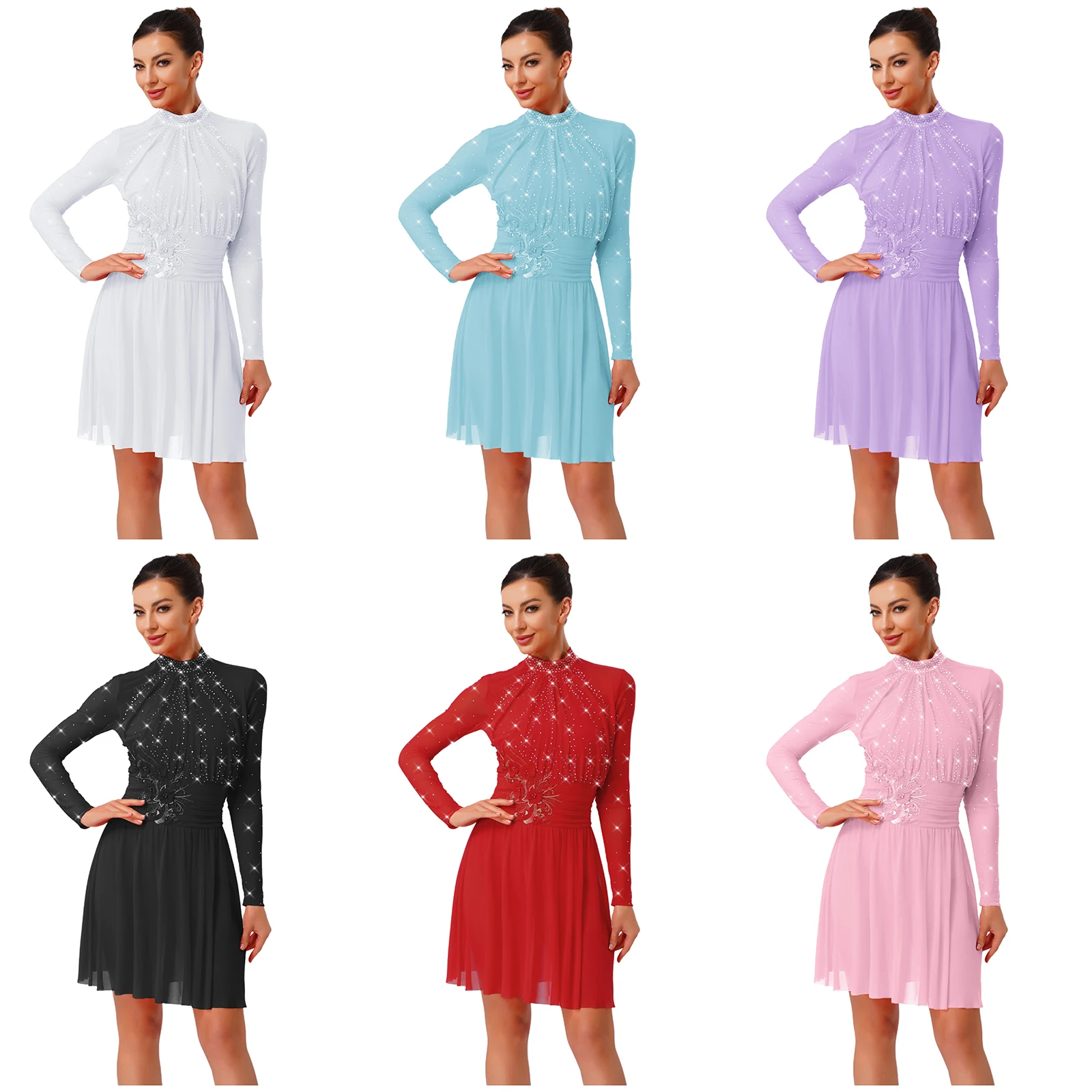 Lyrisches Tanzkleid für Damen, Tanzkostüm, Eiskunstlauf-Trikot, Strasssteine hinten, hohl, langärmelig, gerüschtes Kleid