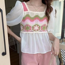 Women Crochet Top Boho Chiffon Sleeve Square Neck Open-knit Blouse Fairycore Cottagecore Spring Summer 2026 Beach Wear