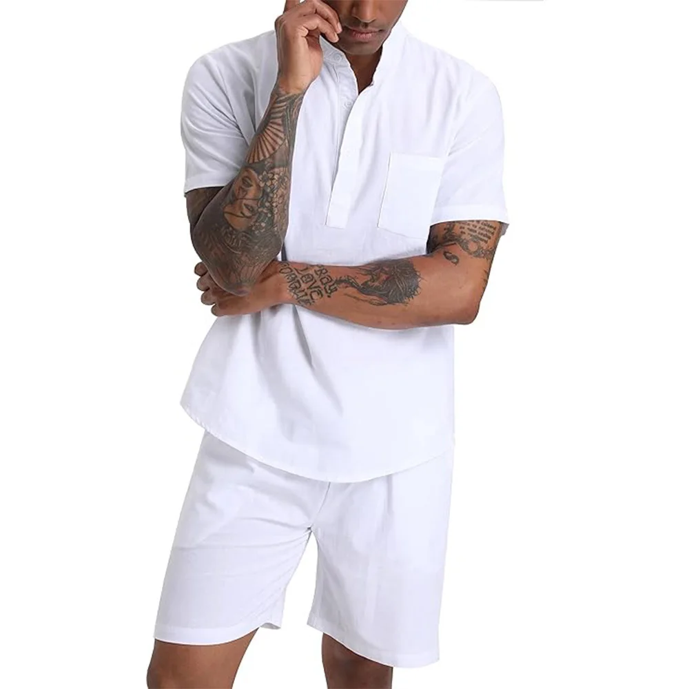 Men\'s Cotton Linen Set Henley Shirts Shorts Outfits 2 Pieces Beach Clothes Vacation Matching Suit Summer Wear Shirt Sleeve