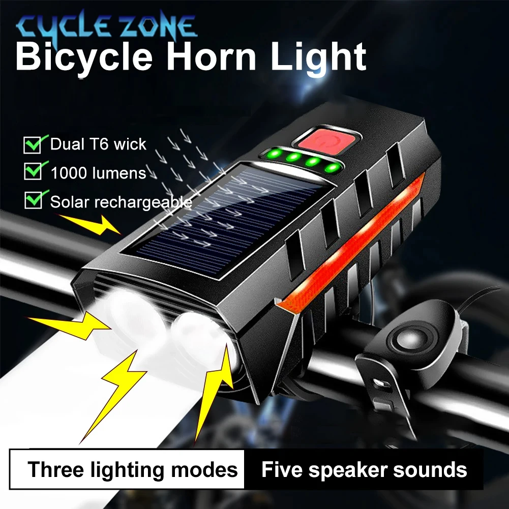 

Solar Bicycle Light with Horn USB Rechargeable MTB Mountain Road Bike Front Lamp Flashlight Bicycle Light Cycling Accessories