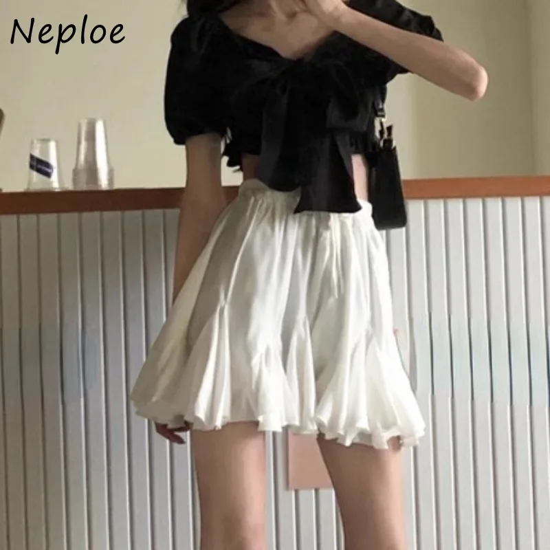 Neploe  2024 Summer New Loose Skirt for Women Y2k High Waist Ruched Ruffles Skirts Simple Sweet White A-line Faldas Mujer