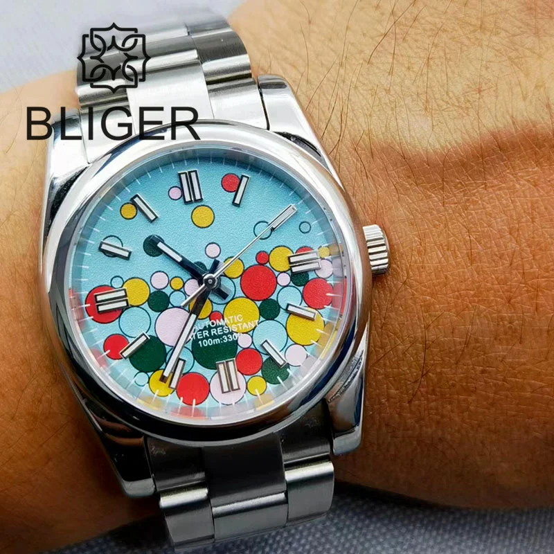 BLIGER 36/39mm Steel Strap Watch For Men Blue Dial Green Luminous NH35A Automatic Movement Glide Lock Clasp Sapphire Glass