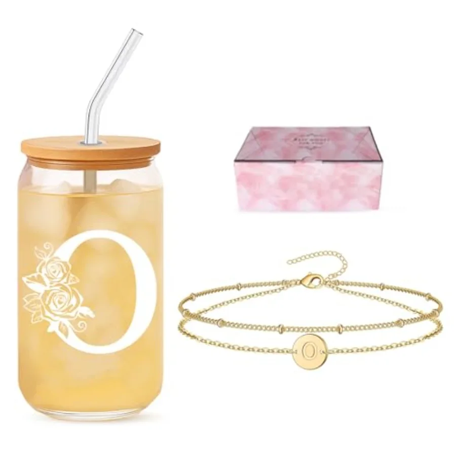 

Friendship Keepsake Gift for Women, Initial Glass Cup and Bracelet Gift Set, Personalized Ready to Gift Letter Set for Encourag