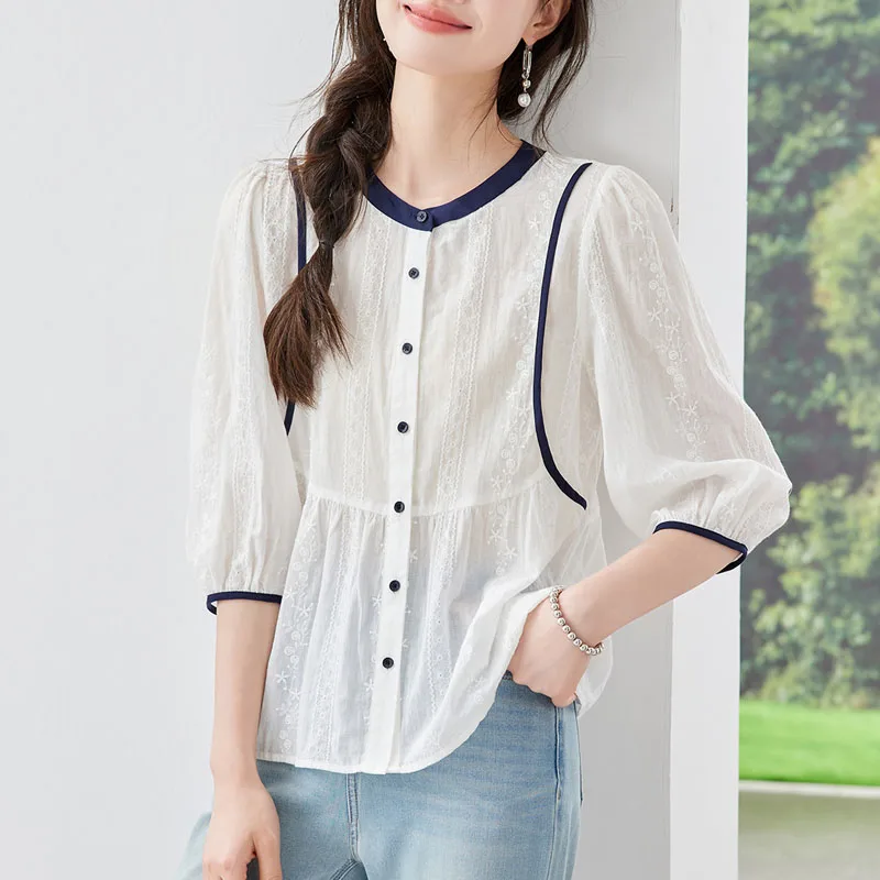 

Blouses Shirts Blusas Women Shirt Blouse Summer New O-Neck Patchwork Embroidery Shirt Blouse Women Tops Camisas De Mujer Q5139