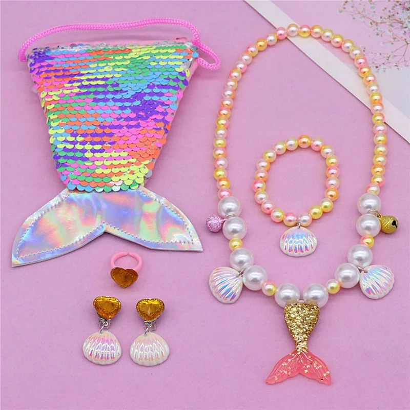 1set Kids Girls Child Pearl Acrylic Shell Shape Mermaid Necklace Bracelet Ring Ear Studs Clips Jewelry Set with Shoulder Bag