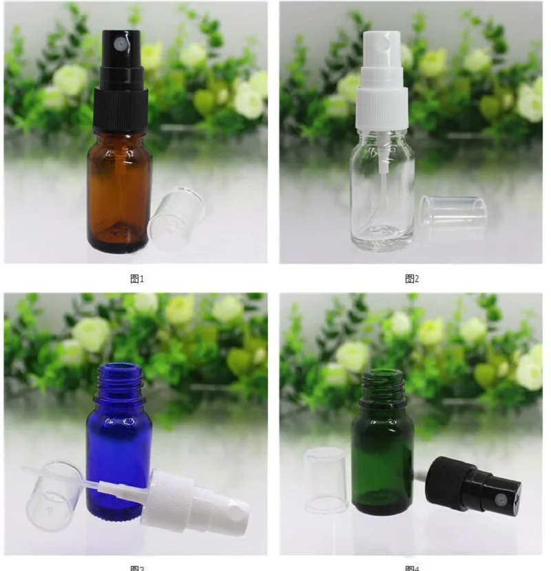 Flacone in vetro verde/trasparente/blu/marrone da 50 pezzi da 10ml con pompa spray per nebulizzazione nera bianca per l'imballaggio della pelle dell'acqua del siero dell'olio essenziale