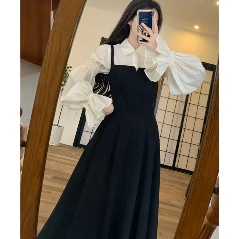 

Spring Autumn Women's Shirts Camisole Dress 2 Piece Set 2024 Office Lady Graceful White Lantern Sleeve Blouse Sling Dresses Suit