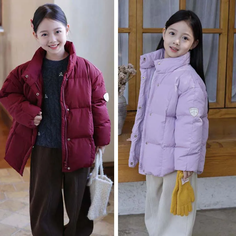 

Per-sale 2025 Autumn Winter Girls Stand Up Collar Bread Down Jacket Warm White Duck Down Jacket Solid Color Coat Kids Jacket