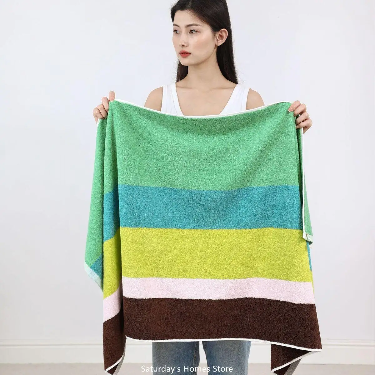 Colorblock Stripes Cotton Towel Yarn-Dyed Soft Absorbent Face Towel Rainbow Colors Adult Bathroom Towels 70*140cm Household Towe