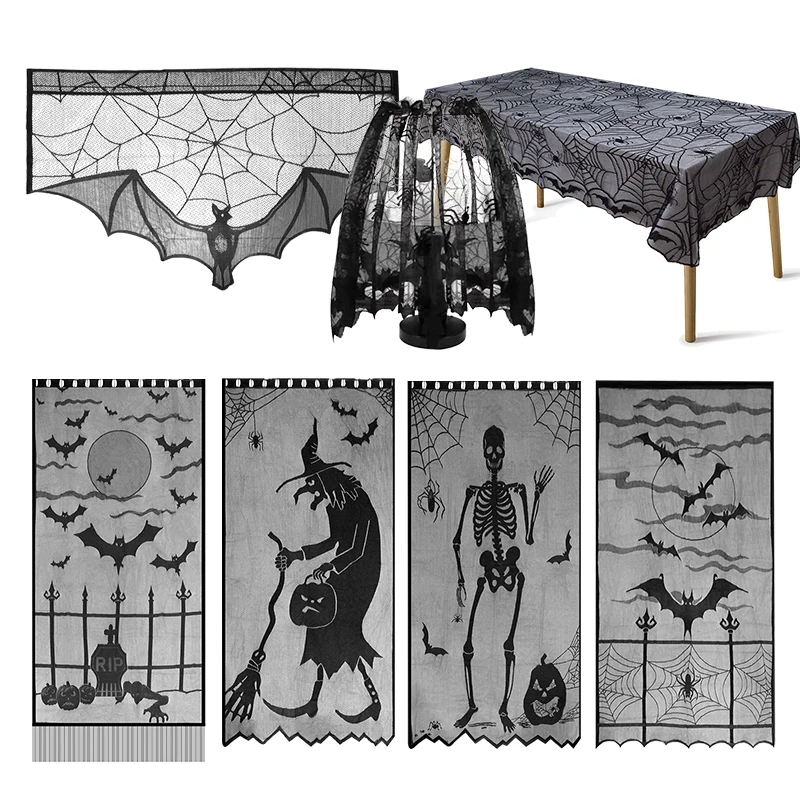 

Black Lace Witch Bat Skull Spider Web Tablecloth Table Lamp Fireplace Cover Decoration Halloween Window Door Curtain Home Decor