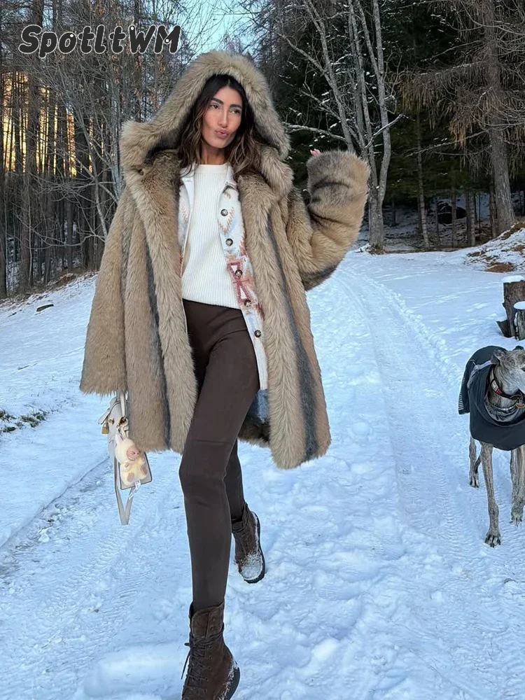 Women Mixed Brown Faux Fur Coat Oversized Wide Lapel Mid Length Thick Warm Luxury Chic Snow 2026 Winter Lady Outfit Overcoat