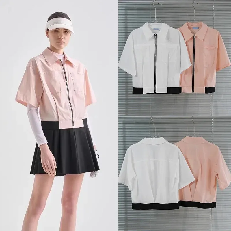 Summer new golf women\'s clothing breathable sports casual tennis top lapel zipper pocket short-sleeved jacket