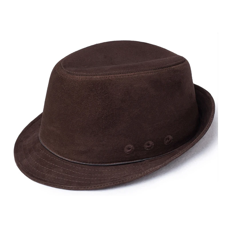 

High Quality Nubuck Leather Jazz Fedora Cap Men Vintage Cow Skin Suede Edge Short Brim Topper Gentleman Hat Travel Warm Top Hat