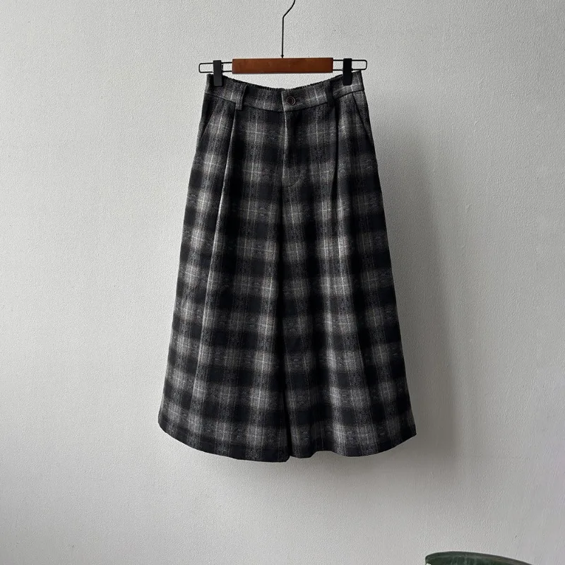 Autumn and Winter Versatile Straight Retro Woolen Plaid Wide-leg Pants Women's Casual Cropped Pants