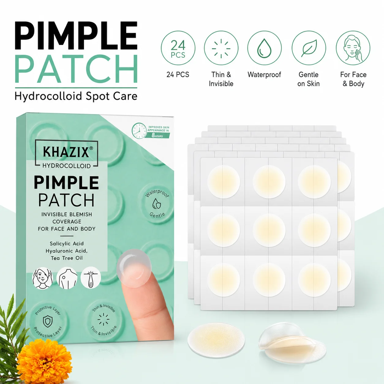 24pcs Hydrocolloid Pimple Patches with Salicylic Acid, Hyaluronic Acid & Tea Tree Oil, Invisible Waterproof Blemish Cover Sticke