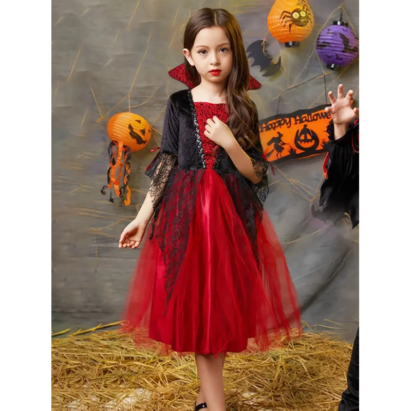 Готическое праздничное платье вампира для девочек — элегантный красно-черный кружевной костюм с воротником-стойкой, тюлевой юбкой и контрастной кружевной отделкой, Хэллоуин