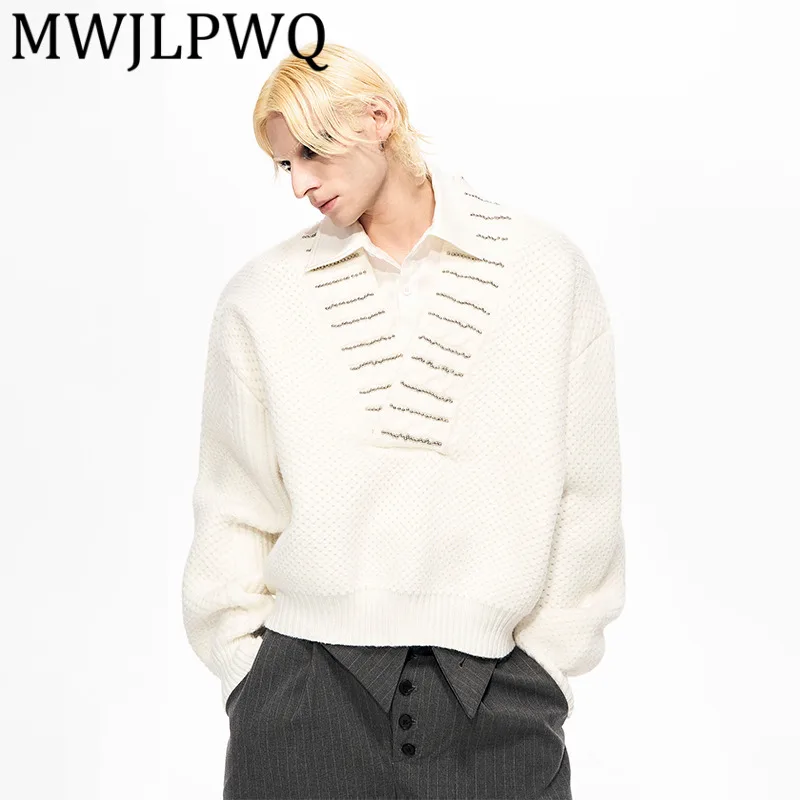 

MWJLPWQ High-End Fake Two-Piece For Men Winter V-Neck Knitted Sweater Elegant High Street Men's Warm Casual Tops Trendy 12776