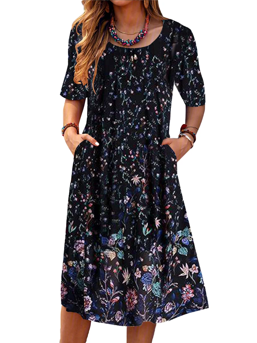 Plus Size Women Short Sleeve Scoop Neck Floral Printed Midi Dress