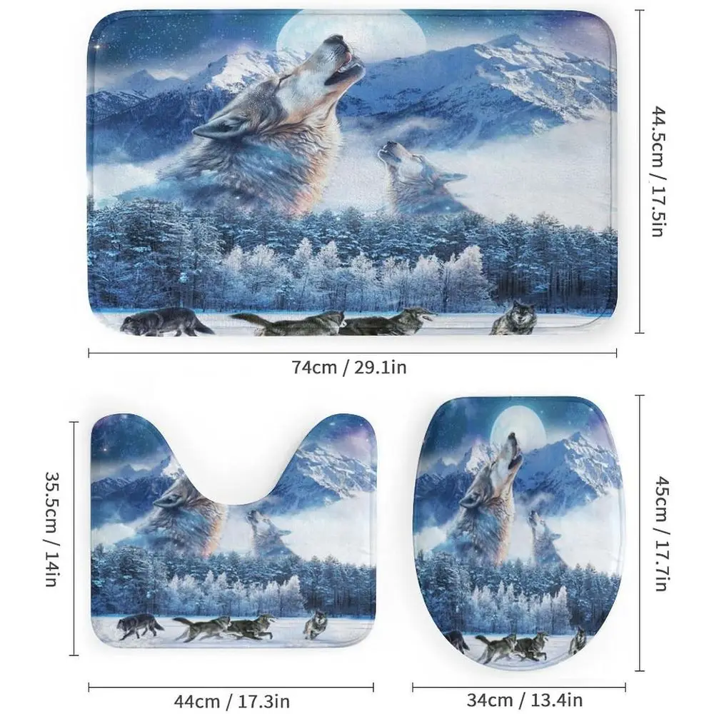 Juego de cortina de ducha Fantasy Forest Galaxy Wolf con lobos de montaña nevados, alfombras antideslizantes, cubierta para tapa de inodoro y alfombrilla de baño