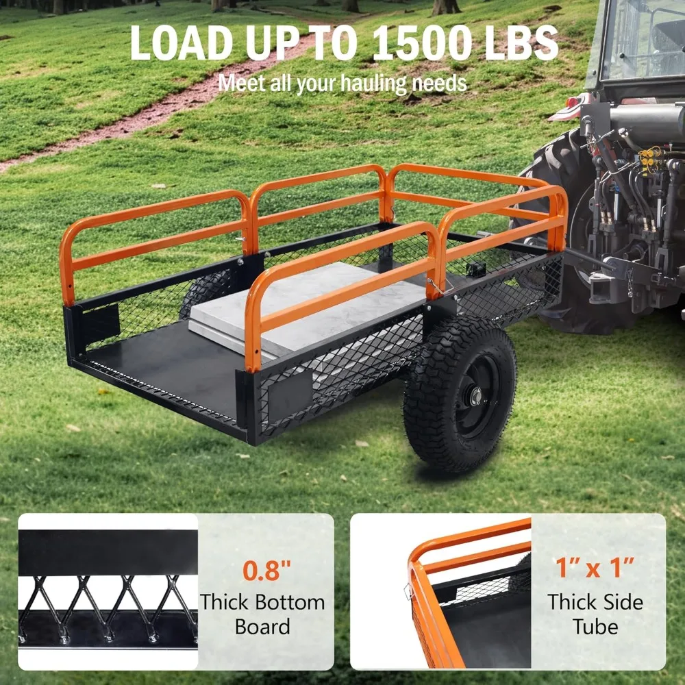 頑丈なスチール製ユーティリティトレーラー、15立方フィート、トラクター、芝刈り機、庭の運搬に適したATVダンプトレーラー