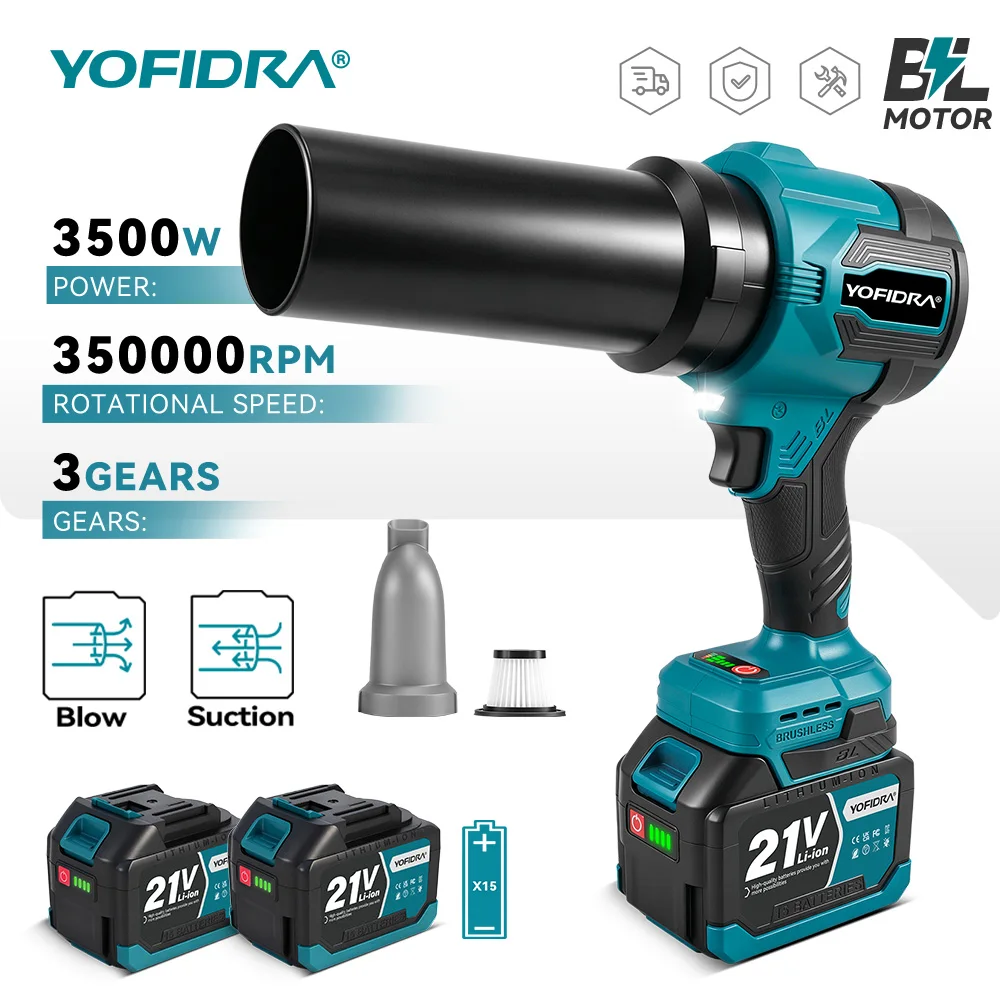 YOFIDRA 2-in-1 Bürstenloser Elektro-Turbogebläse-Ventilator 350m/s Garten-Laubsauger Reinigungsgerät für Makita 21V Akku