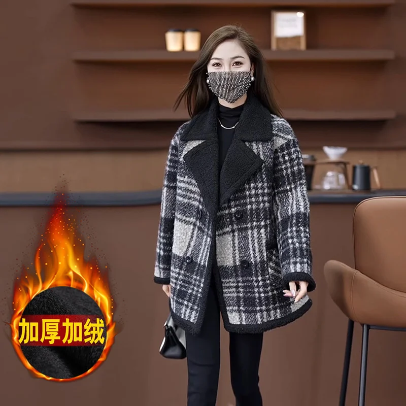 

2026 Новое плотное шерстяное пальто с добавлением флиса, женское двубортное шерстяное пальто, свободный пиджак больших размеров, теплые осенне-зимние куртки, топ