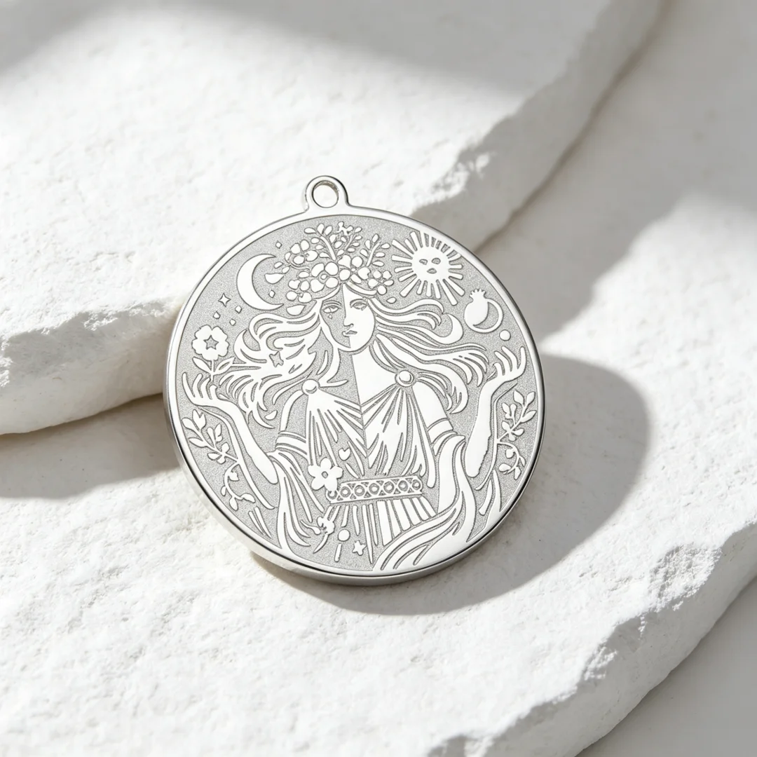 Persephone Goddess Charm Pendant Greek Mythology Goddess of Spring & Queen of Underworld Engraved Diy Charm Stainless Steel