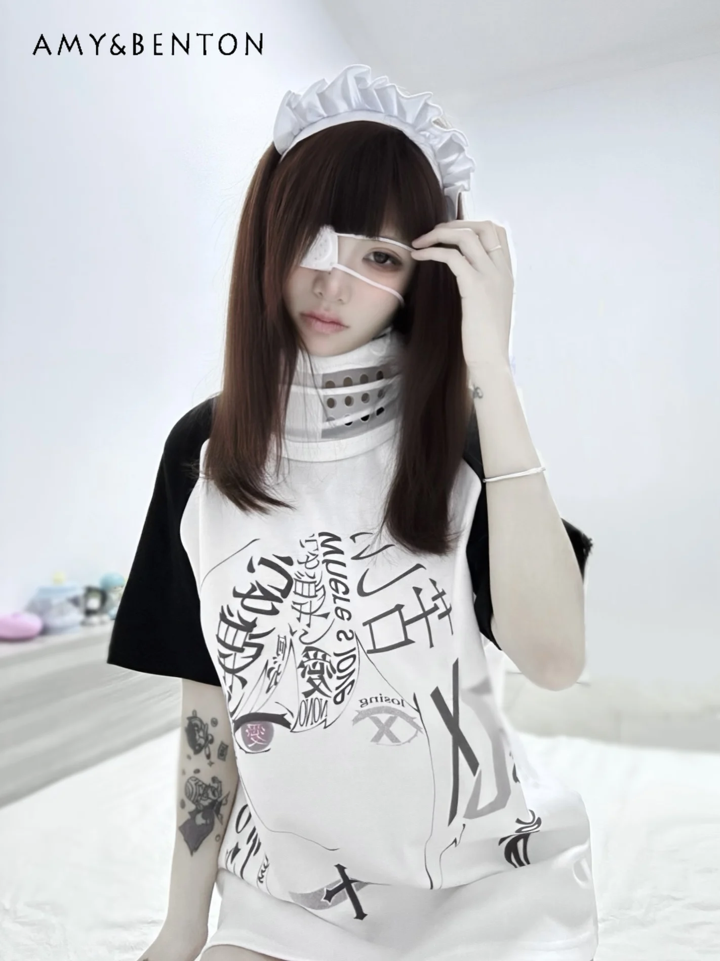 Subculture Harajuku Anime Print Color Matching Tops Summer New Two-Dimensional Mine Short Sleeve Oversized T Shirt Goth Y2k Top