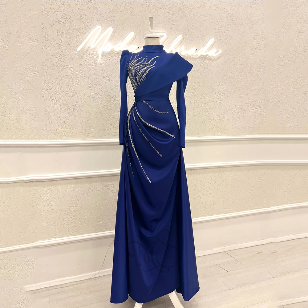 Vestidos de noite formais verdes Alta Neck mangas completas Prom Vestidos Cetim com Beading Pavimento Comprimento Sereia فساتين سهره فاخرة طويلة