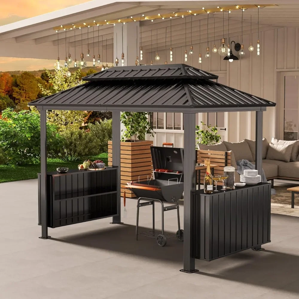 

6x10FT Hardtop Grill Gazebo, BBQ Gazebo with Double Galvanized Steel Roof, Ceiling Hooks, Outdoor Grill Shelter for Backyard