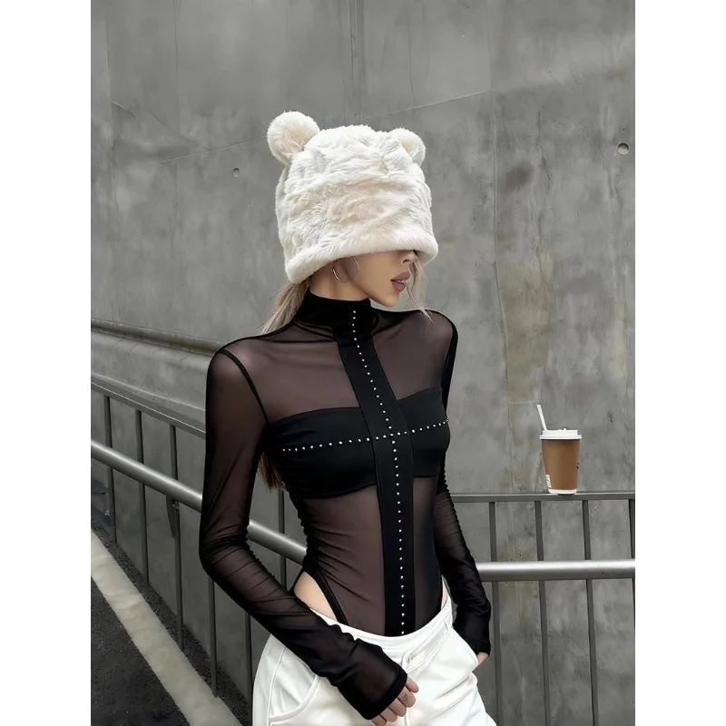 

Jumpsuit Women's Autumn/Winter American Style Sheer Mesh Patchwork Half-High Neck Long Sleeves Slim Fit Flattering Silhouette