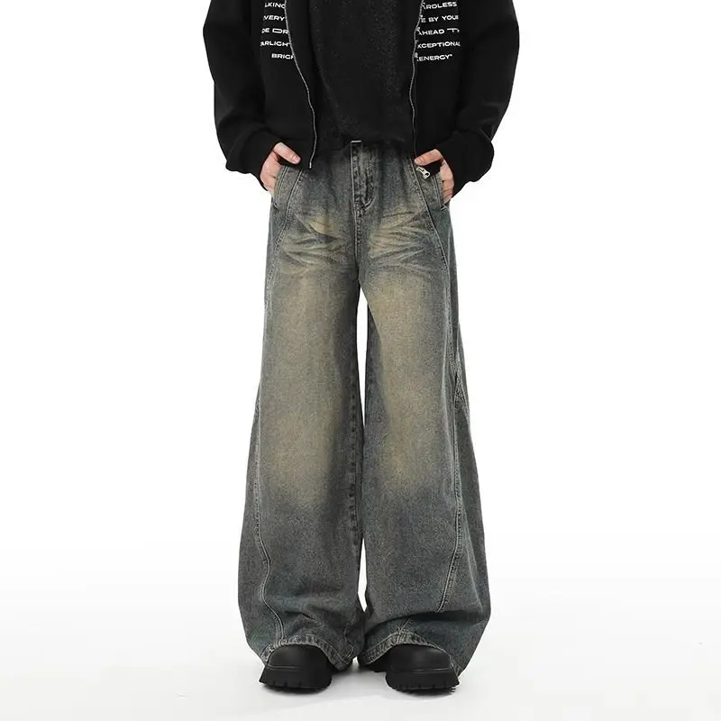 Splicing Denim Jeans for Men Loose Straight Leg Wide Leg High-end Feeling Rugged and Handsome American Retro Pants