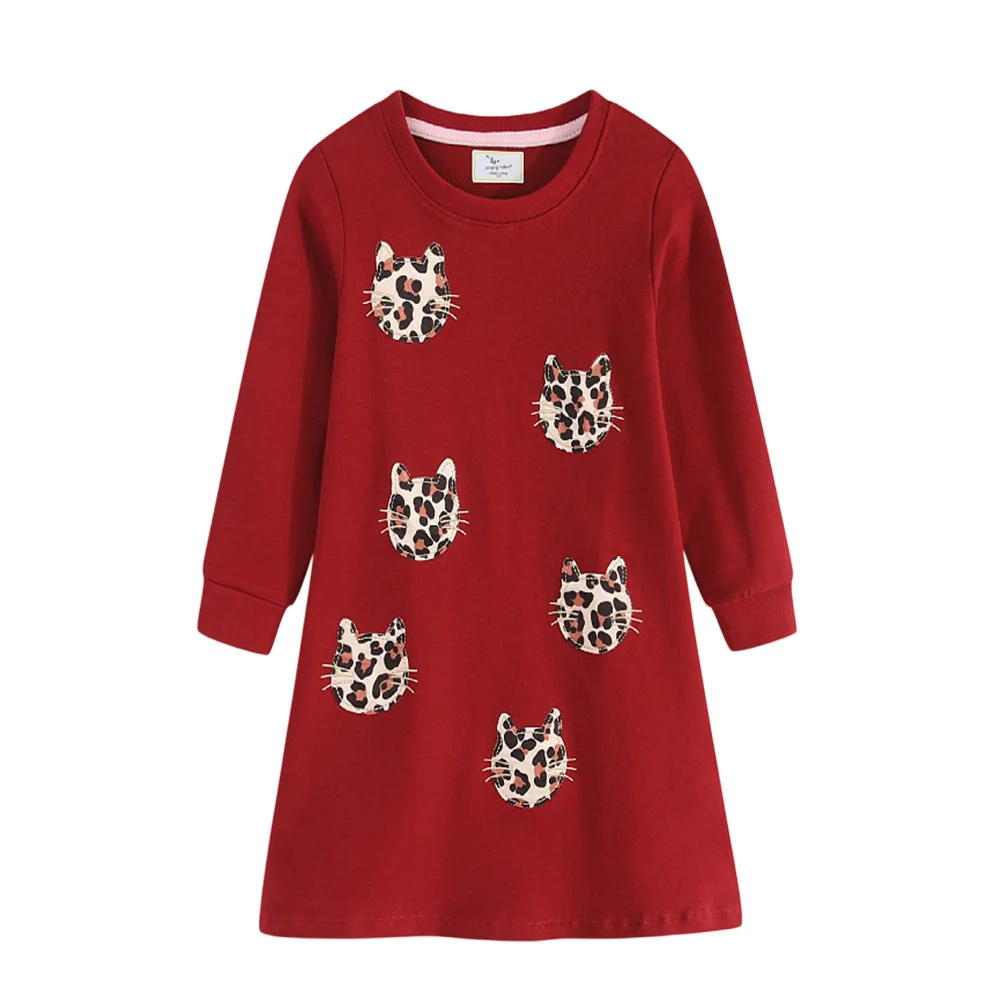 Jumping Meters 2026 Cats Applique Long Sleeve Girls Dresses Winter Spring Baby Cotton Clothing Hot Selling Kids Dresses