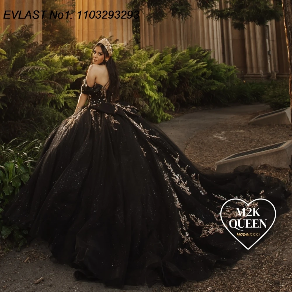 

EVLAST Customized Glitter Black Quinceanera Dress Ball Gown Gold Lace Applique Beading Bow Sweet 16 Vestidos De 15 Anos E1QN485