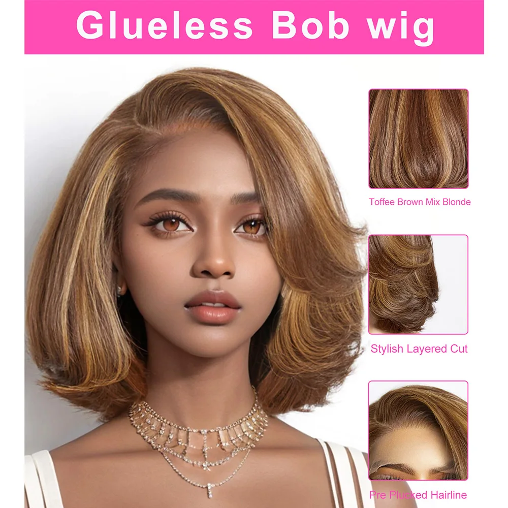 Layered Cut Short Bob Wigs Human Hair Pre Cut 5x5 Lace Closure Wig Glueless Wig Pre Plucked Side Parted Toffee Brown Mix Blonde