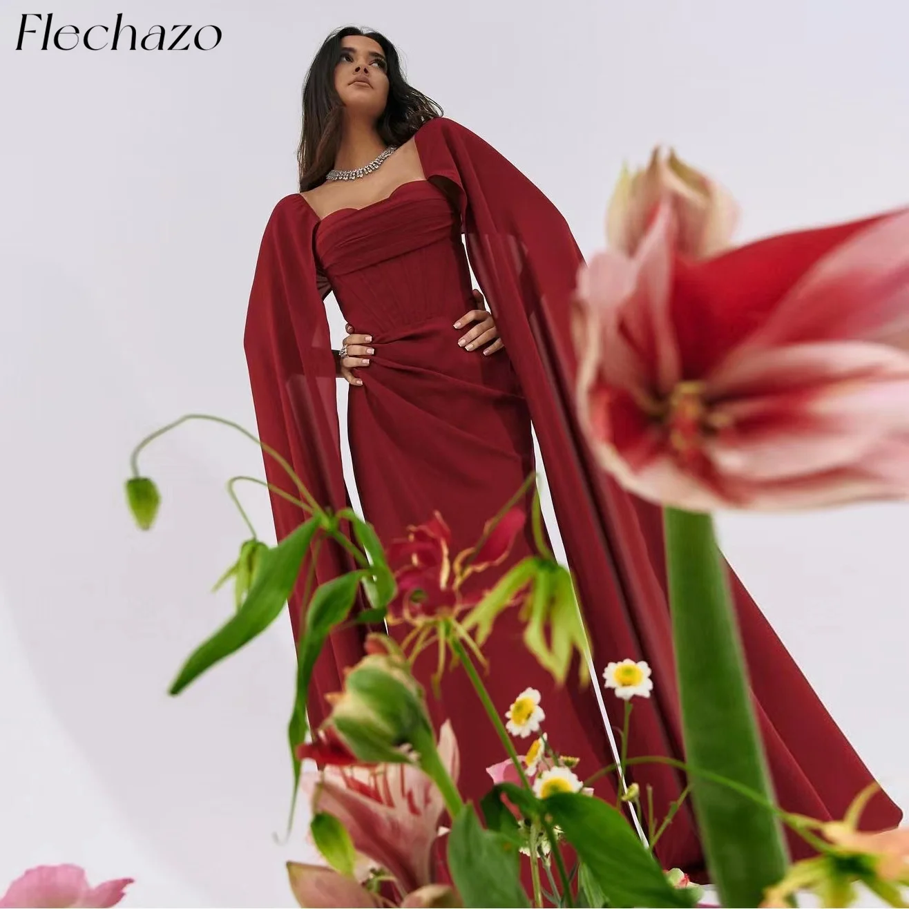 

Flechazo Red Evening Dresses Sweetheart A Line Long Cape Floor-Length Formal Occasion Party Dress For Women 2024 فساتين السهرة