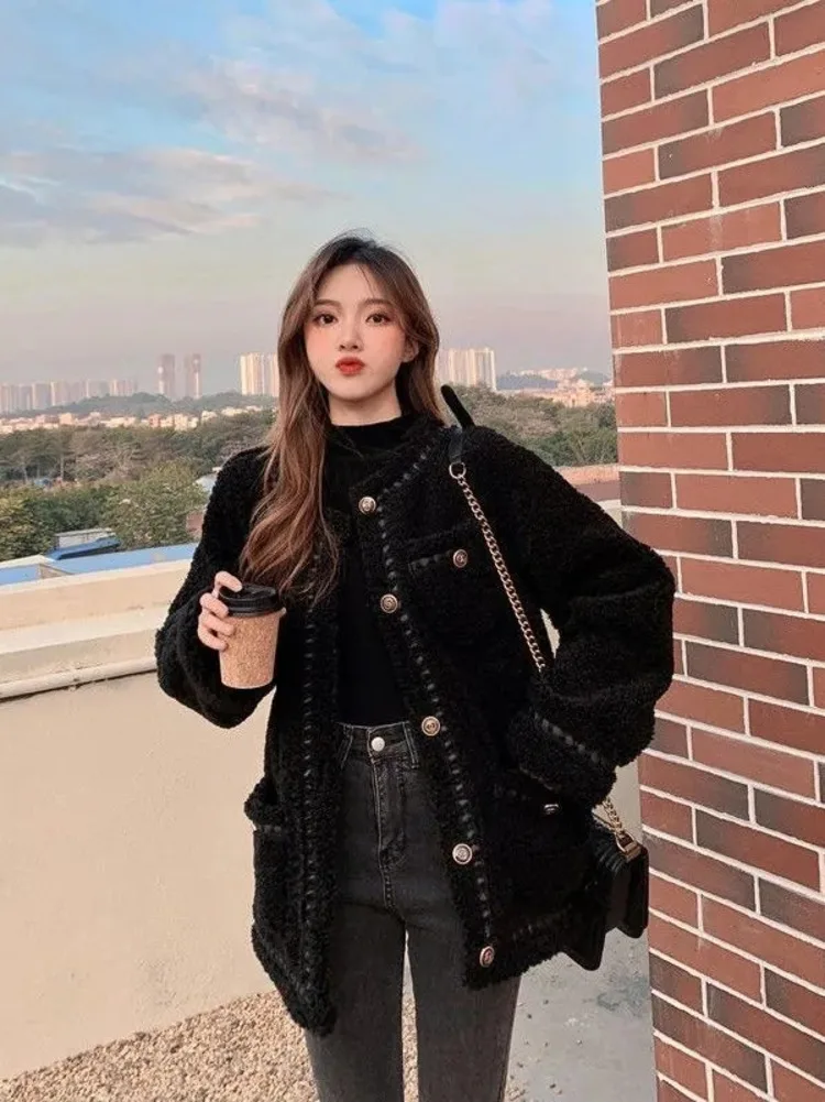 

Autumn Winter Thick Velvet Black Y2k Lambswool Jacket Women Vintage Round Neck Long Sleeve Fleece Coat Elegant Loose Outerwear