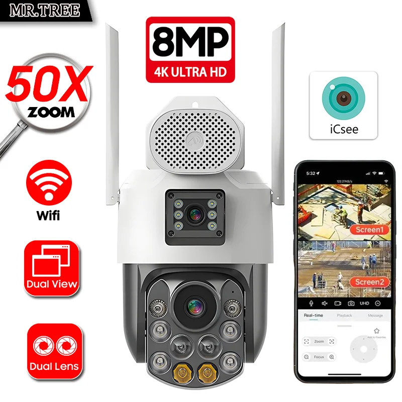 

8MP Home outdoor surveillance wifi camera Dual lens 50X Optical Zoom security protection 4K AI auto tracking Night Vision IP Cam