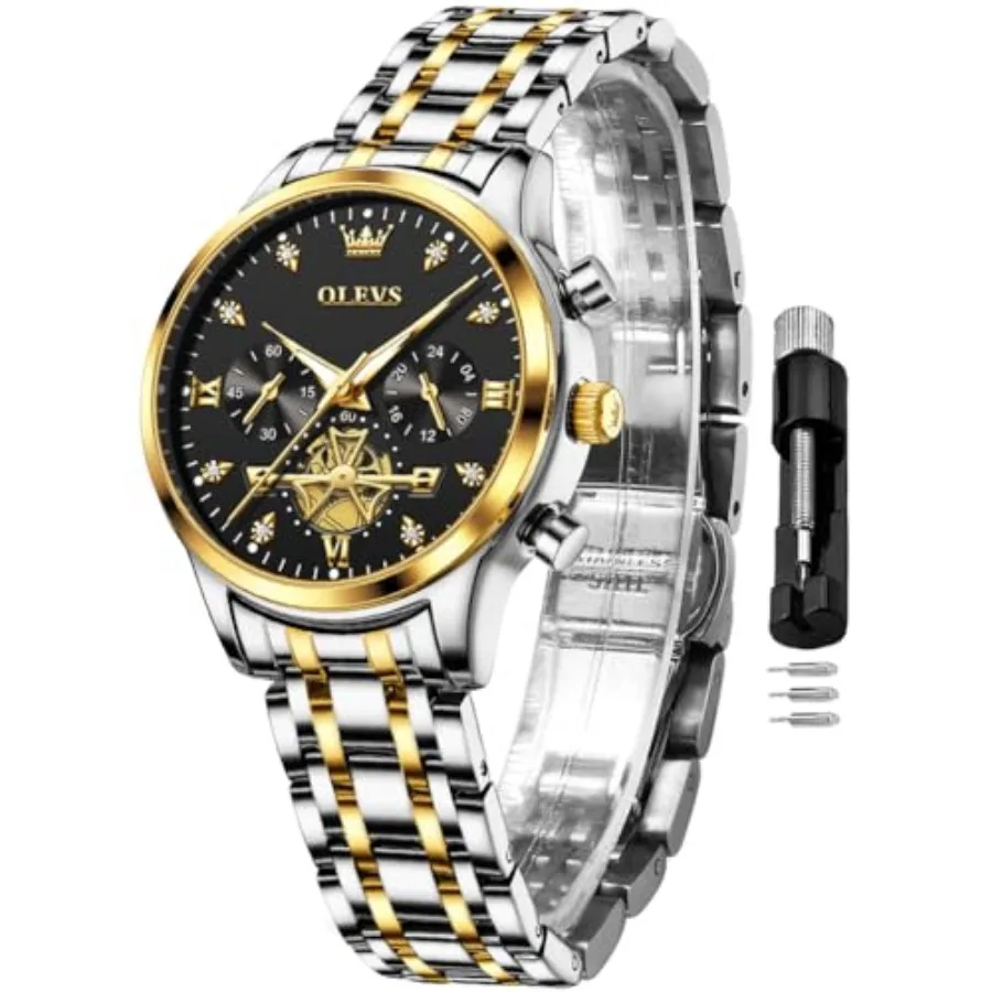 

OLEVS Women Watch Multifunctional Two Tone Watch Fashion Business Analog Quartz Ladies Watch Stainless Steel Waterproof Diamond