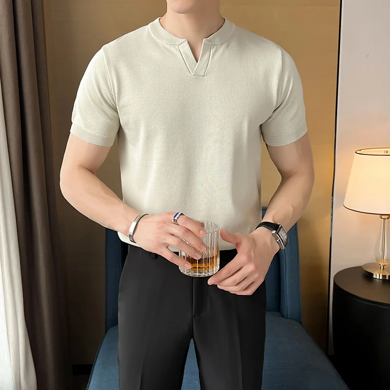 

Minimalist Korean V-neck Tt-shirts Men Summer Short Sleeved Ice Silk T-shirt Solid Color Casual Business Tee Tops Men Clothing