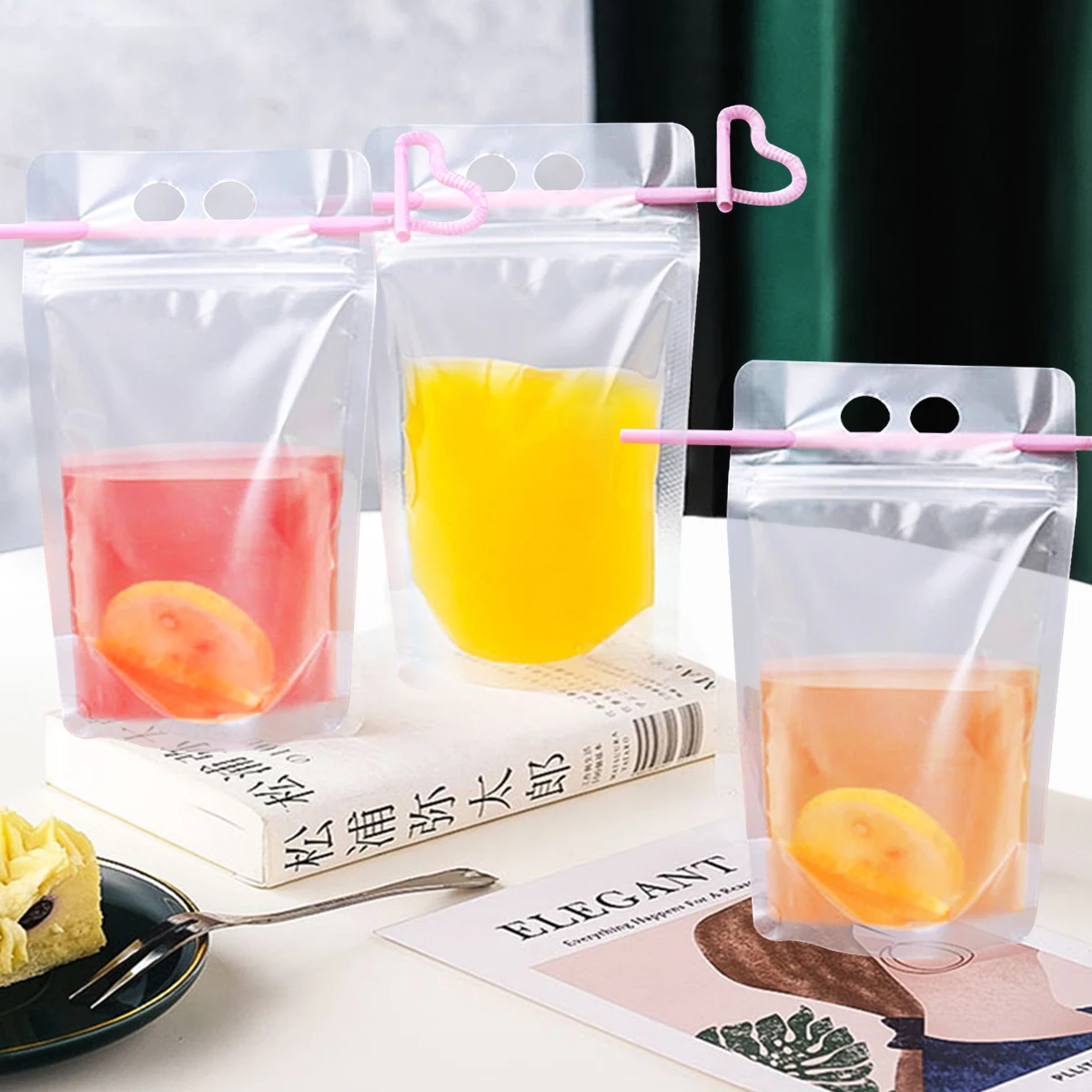 5/10Pcs Eco-Friendly Juice Drink Pouches Drink Bags with Straws Resealable Ice Water Bags Smoothie Bags Juice Pouch