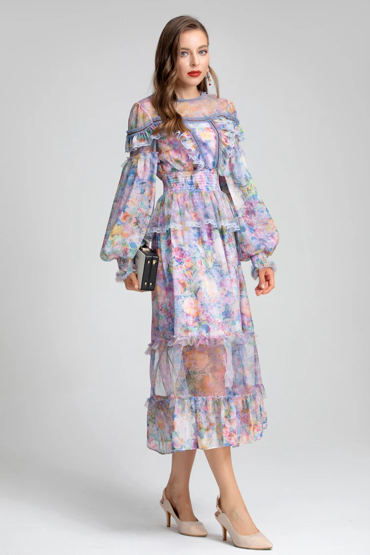 Robe col rond pour femmes, manches lanternes, à volants, imprimé Floral, élégante, Sexy, tenue de bal