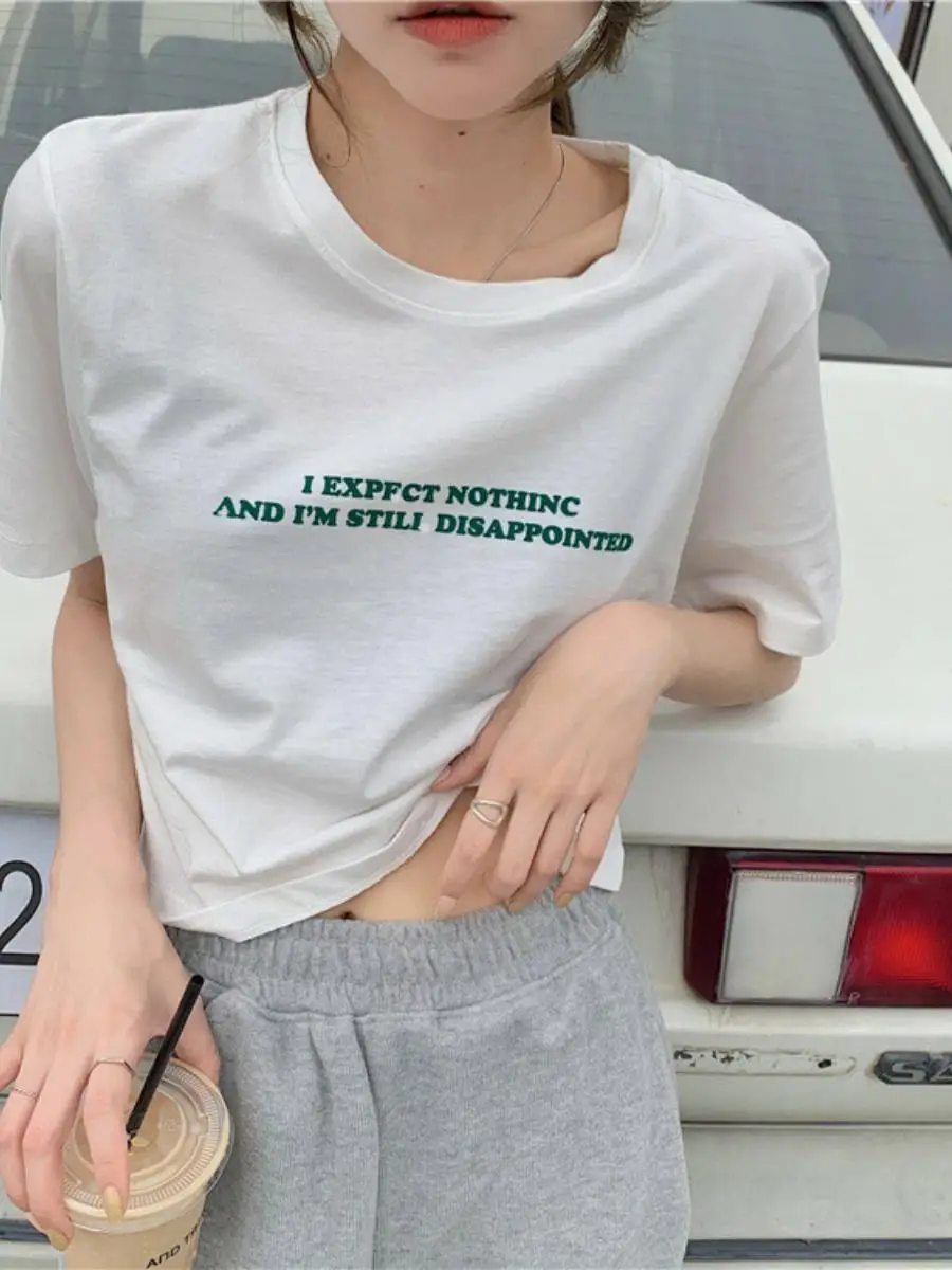 Summer  Loose ort Sve T-irt Women's Korean Sle Printed Letter Top Casual Commute Sle round Ne ort Length