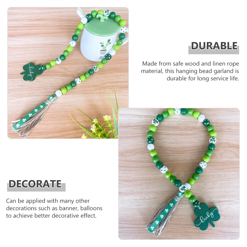 

Wooden Bead Garland Tassels St Patricks Day Clover Decoration Hanging Pendant Party Ornament Festive Decor for Door Window
