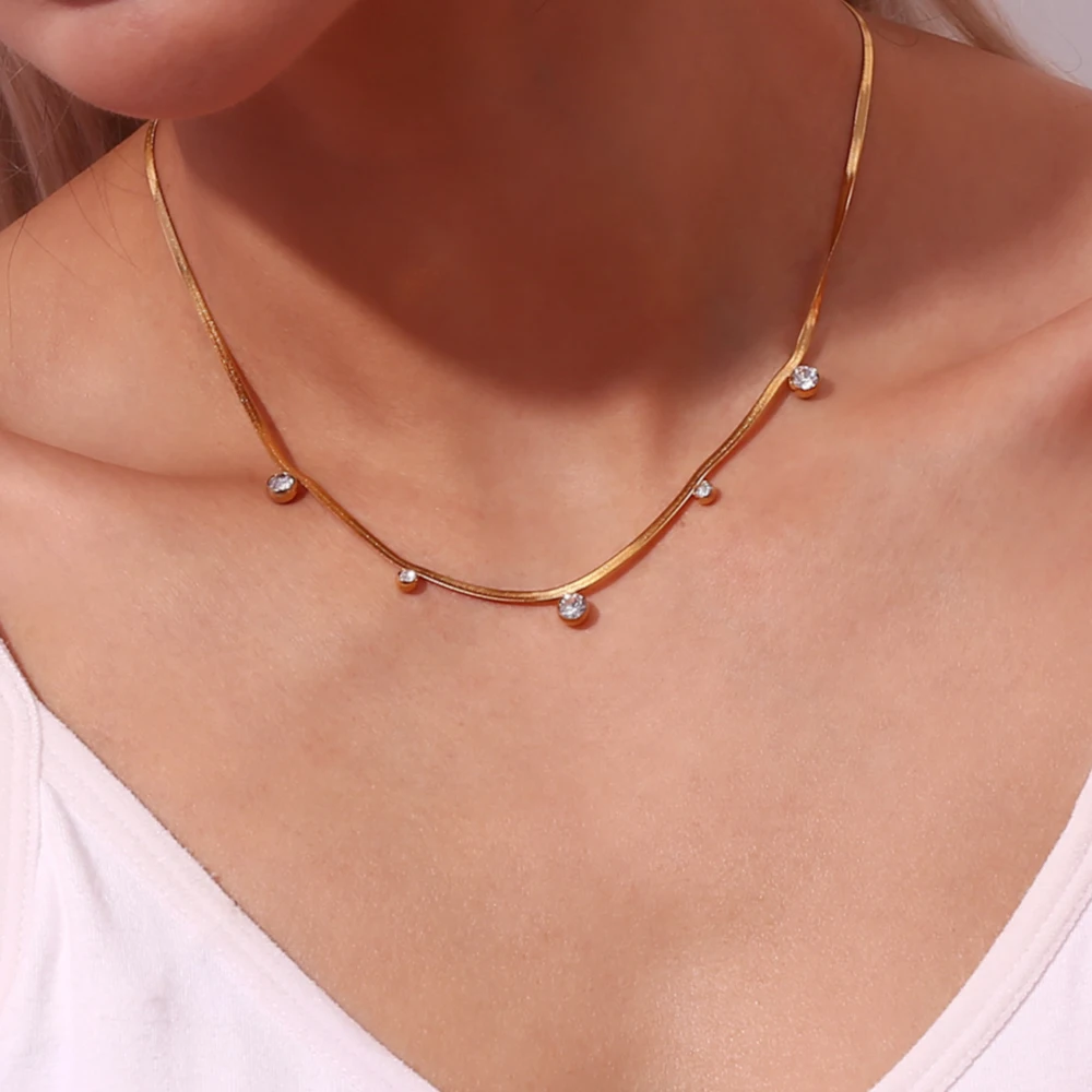 18k Gold Plated Small CZ Charm Choker Herringbone Chain Crystal Beads Pendant Necklace Dainty Jewelry for Women 16\'\'