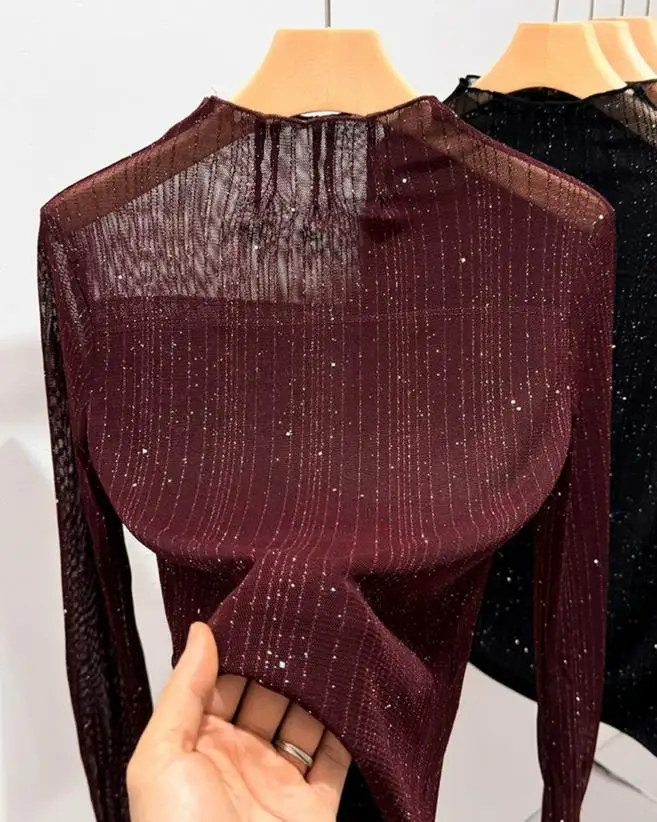 2025 Otoño/Invierno nueva moda mujer Casual Seda brillante gasa manga larga camiseta Top ropa de mujer