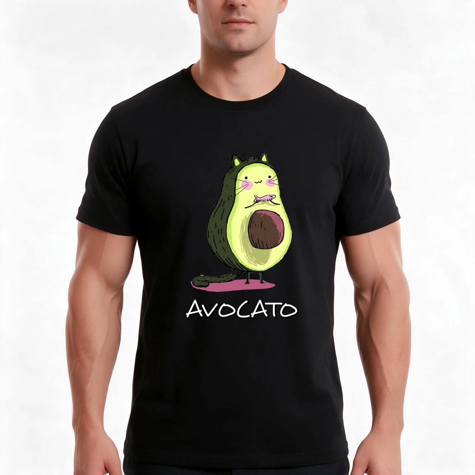 Smiley avocado-cat with a fish T-Shirt, Summer Casual Cotton Tee, Oversized Streetwear Tops, Vintage Graphic Print, 100% Cotton